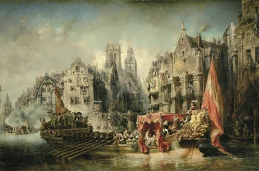 Ankomsten av Ferdinand Alvare de Tolede (Fernando Alvarez de Toledo), hertig av Alba och guvernör i Nederländerna under Karl V:s (V) regerande anlände till Rotterdam 1567. Målning av Eugene Isabey (1803-1886). 1844. Paris. Orsay Museum