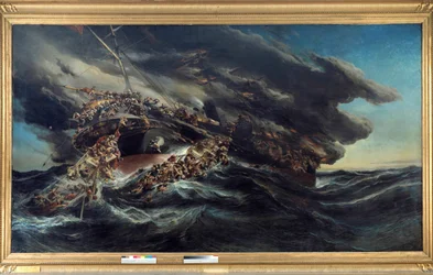 Elden av ångbåten Österrike Scene skeppsbrott av ett fartyg passagerarna försöker fly på båtarna i demonterade havet. Målning av Eugene Isabey (1803-1886)