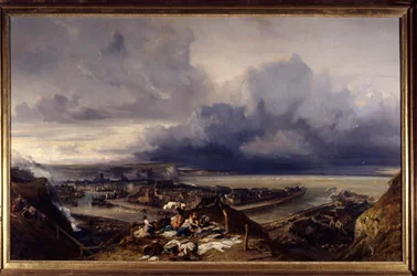 Utsikt över hamnen i Dieppe i Normandie Lavandieres som tvättar tvätten på hamnen. Målning av Louis Gabriel Eugene Isabey (1803-1886) 1842 Sön. 1,64x2,51 m Nancy, musee des Beaux Arts