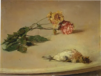 Död fågel och två rosor på en bordsskiva