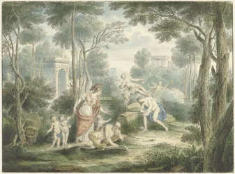 Arkadiskt landskap med Athena som kröner en gammal man och Venus och Adonis