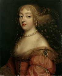 Porträtt av en dam, sägs vara Laura Mancini, Duchesse de Mercoeur, bystlängd, i en röd klänning, med ett pärlhalsband och örhängen