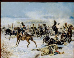 Slaget vid Eylau den 20 februari 1807. (Slaget vid Preussisch Eylau den 8 februari 1807). Militär konfrontation mellan den franska Grande Armee av Napoleon I (1769-1821) och det ryska imperiet. Verk av Louis Ferdinand Malespina (1874-1940), olja på ca