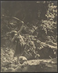 [Kvinnlig bågskytt i skogen]