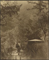 [Man på väg till en stuga i skogen]