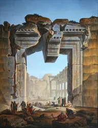 Huvudporten till ett tempel söder om Solens tempel i Baalbec, ca 1800 (färggravyr)