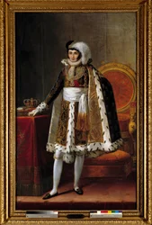 Porträtt till fots av Jerome Bonaparte (1784-1860) kung av Westfalen. I kostym som befälhavare av Orden av kungliga kronan av Wesphalia, cirka 1810. Målning tillskriven Louis Francois Aubry (1767-1851) eller Francois Joseph Kinson (Kinsoen) (1770-1839).