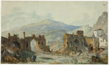 Den antika teatern i Taormina med utsikt över Etna, studie för Saint Non