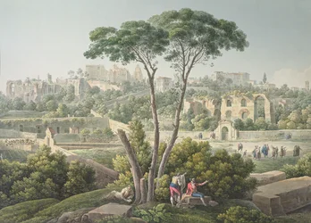 Vy över Palatinen i Rom, med ruinerna av kejsarnas palats i bakgrunden, cirka 1800