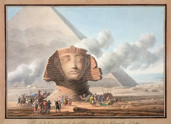 Vy över Sfinxens huvud och Chefrenpyramiden, Giza, Egypten, omkring 1790