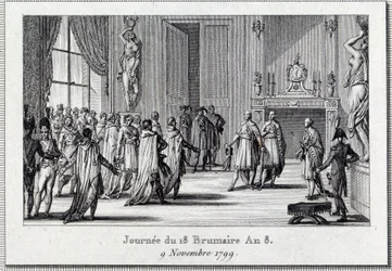 Konsulat: "" Napoleon Bonaparte (1769-1821) vid Saint Clouds möte den 18 brumaire (9/11/1799)" Statskuppen för de 18 brumaire av Napoleon Bonaparte vid femcents konciliet (fem cents) ) (rum på 500), skyddad av grenadjärer, avslutar D