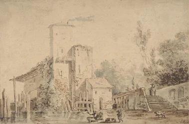 Bondgård vid en flod med figurer, 1765.