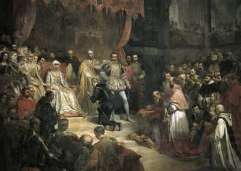 Abdikationen av Karl V (1500-1558) till förmån för hans son Filip II (1527-1598)