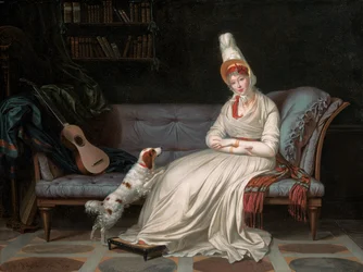 Porträtt av Elizabeth, Lady Webster, senare Lady Holland, i en vit klänning med sin spaniel Pierrot, ca 1795