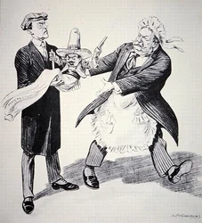 Amerikansk tecknad serie som visar USA:s president Tuft överlämna den problematiska "mexikanska situationen" till sin efterträdare Woodrow Wilson 1913 (litho)