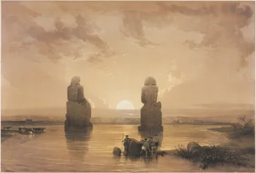 Egypten och Nubien, volym II: Statyer av Memnon vid Thebe, under översvämningen, 1848.