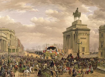 Begravning av hertigen av Wellington, begravningsbilen passerar valvet vid Apsley House, 18 november 1852, graverad av Thomas Picken (fl.1838-1870), publicerad av Ackermann and Day, 1853.
