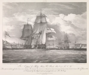 HMS "Shannon" leder sitt pris, den amerikanska fregatten "Chesapeake" (1806), in i Halifax hamn, Nova Scotia, den 6 juni 1813, ca 1815 (litografi)
