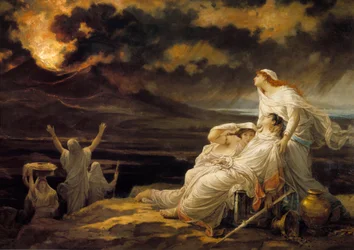 Herculaneum (23 augusti 79): den antika staden som förstördes av Vesuvius utbrott och invånarna som sökte skydd på en kulle - Målning av Louis Hector Leroux (1829-1900)