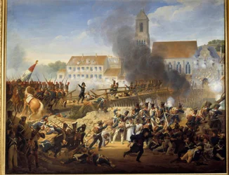 När han passerade Landshut-bron den 21/04/1809 ledde general Mouton grenadjärerna vid 17:e regementet för linjemålning av Louis Hersent (1777-1860)