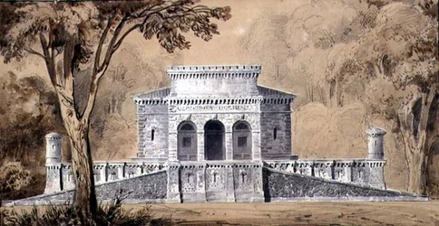 Utsikt över Gendarmerie Imperiale, ca 1825 (penna & bläck och tvätt på papper)