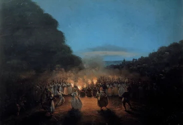 Bamboula dansar en gång med bambu (eller käppar) i Västindien - scen med svarta slavars dans i fackelsken. Målning av Honoré Gamain (1803-1871), 1800-talet, La Rochelle, Museet för den nya världen