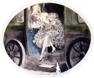 Avstigning från vagnen, ca 1920-1930-talet (etsning och akvatint)
