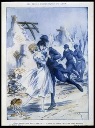 Soldater som kommer in i staden, en som kysser en kvinna, "" charmigt byte"", Illustration av Louis Icart (1888-1950) I "" Fantasio"" 1915-12-15