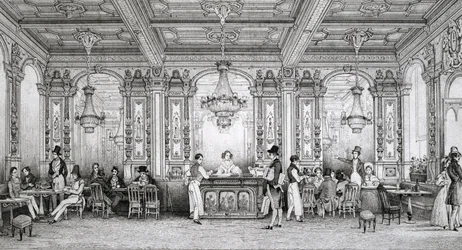 Cafe de la Banque de France byggd av arkitekten Dusillon och belägen Place de Victoire - Gravyr av Schaal - 1839 -