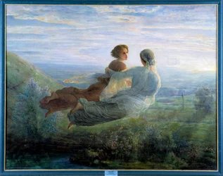 Själens dikt: Själens flykt, en ung kvinna lyfts upp i luften över ett grönt landskap och åtföljs av en musa i en lyrisk atmosfär. Målning av Louis Janmot (1814-1892), 1800-talet. Lyon, Musée des Beaux-Arts