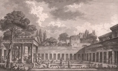 Idealisk rekonstruktion av Villa of Diomedes i Pompeji till dess ursprungliga skick före vulkanutbrottet av Vesuvius 79 AD, Kampanien, Italien, etsning efter teckning av Louis Jean Desprez (1743-1804), ca 21x34 cm