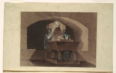 Teckning, gravkammare i egyptisk stil med karyatider och lejon, ca 1779-84