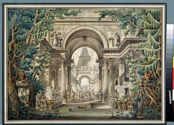 ""La procession au temple"" (Procession i ett tempel) Scenografi för en pjäs. Akvarell av Louis Jean Desprez (1743-1804) Pushkin-museet, Moskva