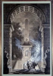 Scenografi: dekorprojekt utfört av Jean Louis Desprez (1743-1804) för stycket "" Semiramis"" av Francois Marie Arouet dit Voltaire (1694-1778) (1748) 1784. Konserverad i Ticino.