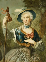 Porträtt av en dam, tre fjärdedels längd, klädd som en pilgrim och bärande en blåfodrad halmhatt och fjäder, 1747