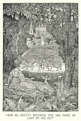 "Och så, vackra Roseken, har du äntligen kommit för att träffa oss?" (litho)