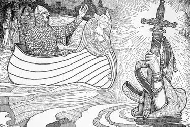 Representation av Lady of the Lake (fee viviane), karaktären hos Arthurlegenderna, som ger kung Arthur anten Excalibur (Arthurisk legend: Lady of the Lake (Nimue, Viviane) ger kung Arthur sitt svärd Excalibur) Illustration av Louis Rhead (1858) -1