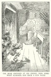 Björnen flinade mot sin fiende, som, något oroad, sprang tillbaka några steg (litho)