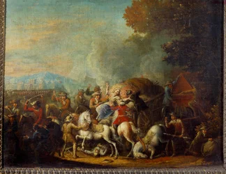 Briganders attack mot en vagn Målning av Louis Joseph Watteau dit Watteau de Lille (1731-1798) 1700-talets Reims, Musee des Beaux Arts