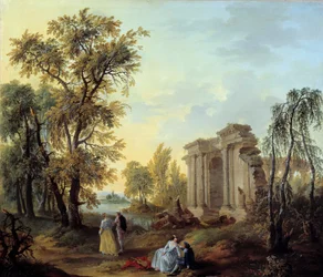 Walk Champetre Målning av Louis Joseph Watteau dit Watteau de Lille (1731-1798) 1700-talet. Sön 1,02x0,8 m Marseille, Museum of Fine Arts