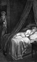 Farliga länkar av Choderlos de Laclos (brev 96). Valmont och Cecile de Volanges. Illustration graverad av Masquelier efter Mademoiselle Gérard.