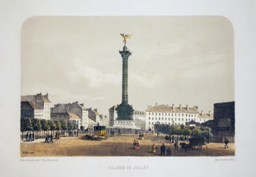 Column de July (Place de la Bastille), Paris. Litografi akvarell, illustration av Arnout, i "Album, souvenirs de Paris", Daziaro redaktör, Paris