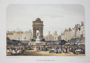 Fountain of the Innocents (Fountain of the Nymphs), Paris. Litografi akvarell, illustration av Arnout, i "Album, souvenirs de Paris", Daziaro redaktör, Paris