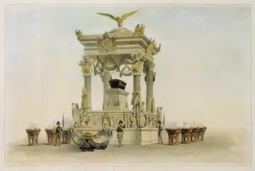 Kistan för Napoleon I Bonaparte (1769-1821) i Invalides-kyrkan (Paris, Frankrike). (Napoleons kista i kyrkan vid Les Invalides). Verk av Louis Jules Arnout (1814-1868), litografi och akvarell. Fransk 1800-talskonst, klassicism.