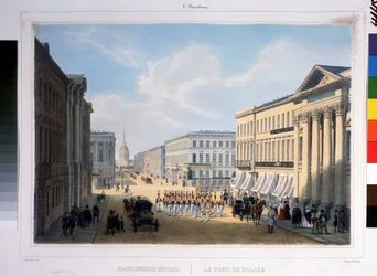 Polisbron i Sankt Petersburg, sett från Nevsky Prospekt från Stroganovpalatset. Litografi av Louis Jules Arnout (1814-1868), färgad