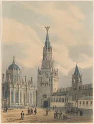 Spasskaya Tower Savior Gates och Saint Catherine Church of Ascension Convent i Moskva Kr.