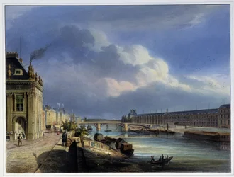 Utsikt över Pont du Carrousel och Grand Galerie du Louvre - i "Paris en 1837" av Arnout