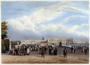 Allmän vy av fasaden på Château de Versailles - i "Promenade dans Paris et ses environs"", designad av Jacottet och Benoist, ca. 1840
