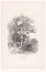 Jägare med hundar längs ett dike i en skog Landskapsritningskurs (serietitel) Cours de Paysage (serietitel på objekt)