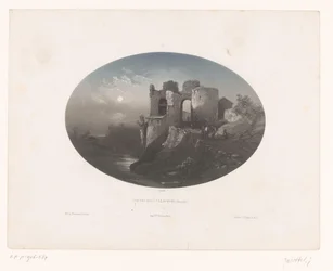 Utsikt över ruinerna av slottet av de fyra Heemskinderen Château des 4 fils Aymond (Gironde) (titel på objekt)